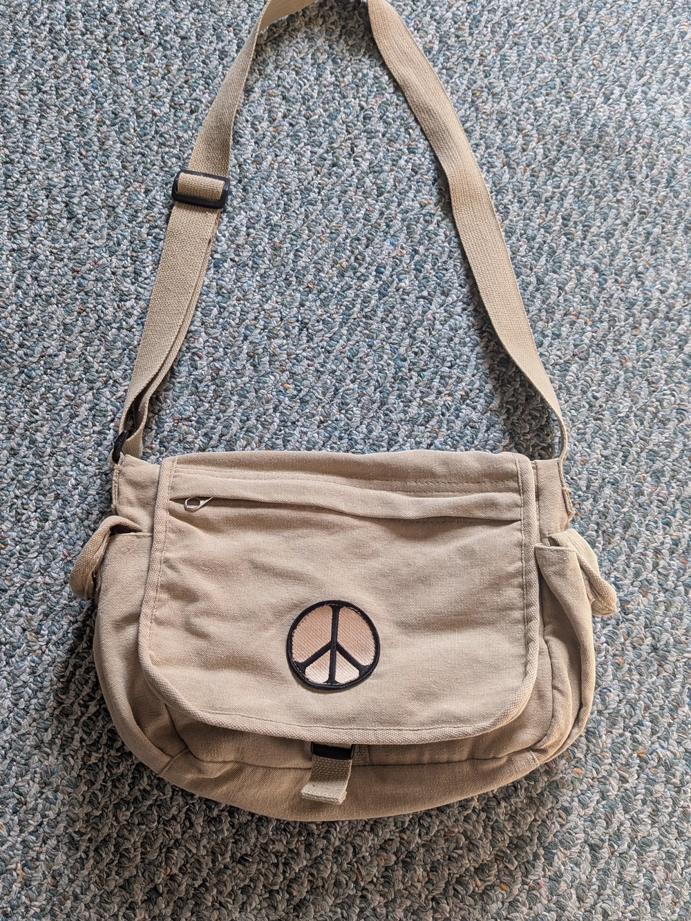 Beige Canvas Messenger Bag with Peace Patch